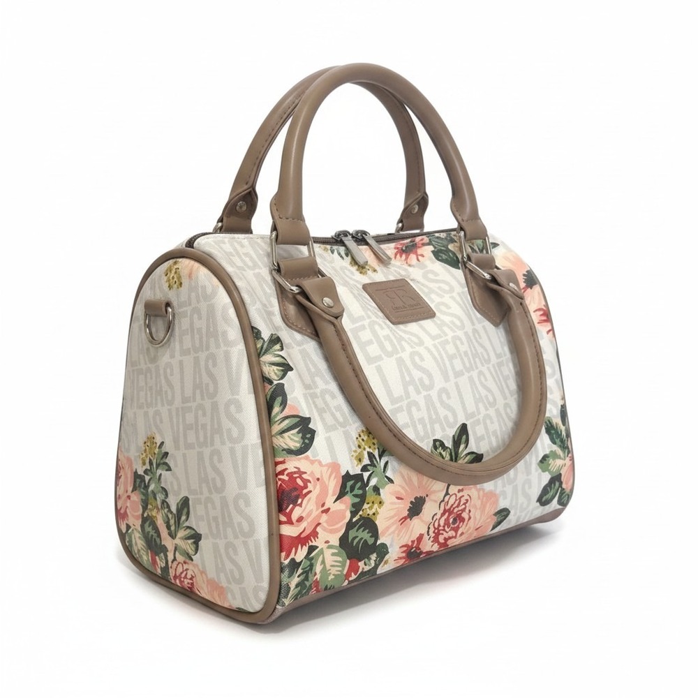 Robin Ruth Las Vegas Floral Logo Satchel‎ Barrel Bag Tan Pink Cream Souvenir